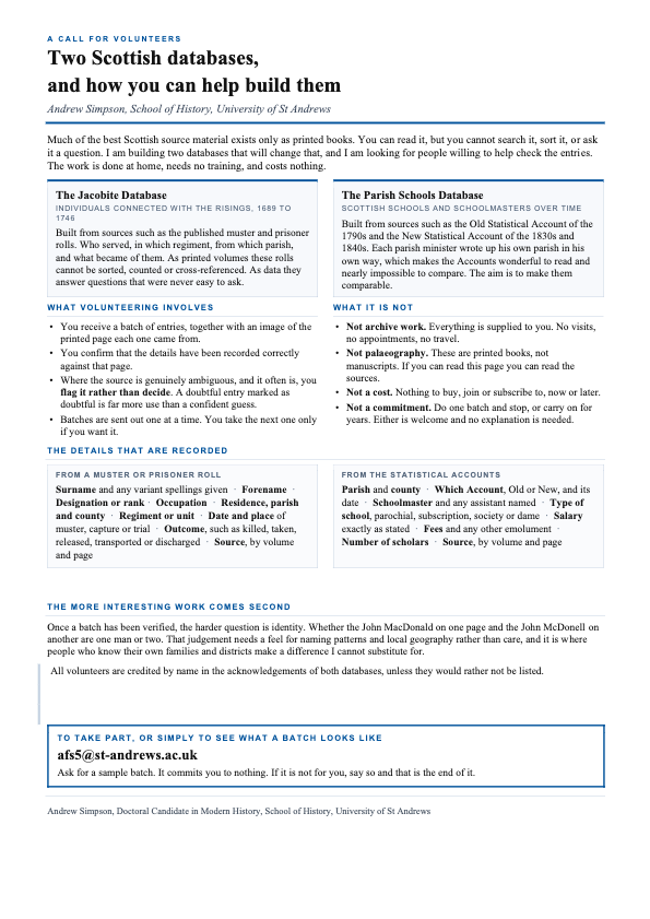 Call for Volunteers flyer from Andrew Simpson, University of St Andrews, describing two Scottish history databases (the Jacobite Database and the Parish Schools Database) and how to help check entries from home.
